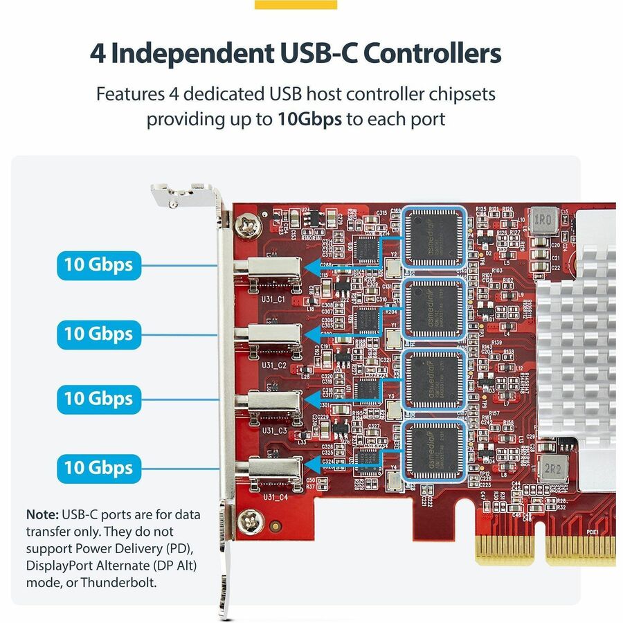 Alternate-Image2 Image for StarTech.com 4-Port USB Type-C PCIe Card, USB 3.2 10Gbps, USB-C PCI Express Expansion Card, 4x Independent USB Controllers, TAA-Compliant