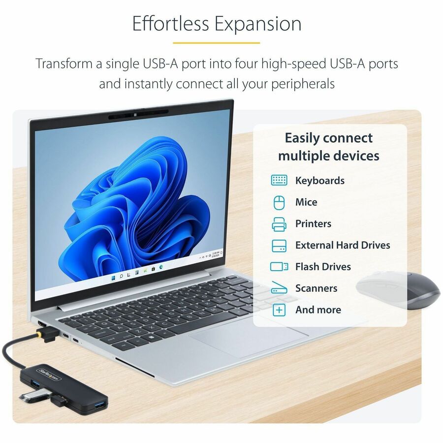 Alternate-Image1 Image for StarTech.com StarTech.com 4-Port USB-A Hub, 5Gbps, Bus Powered, Small Travel Mini USB Hub, Multi-Port USB 3.0 Splitter, Portable USB Hub