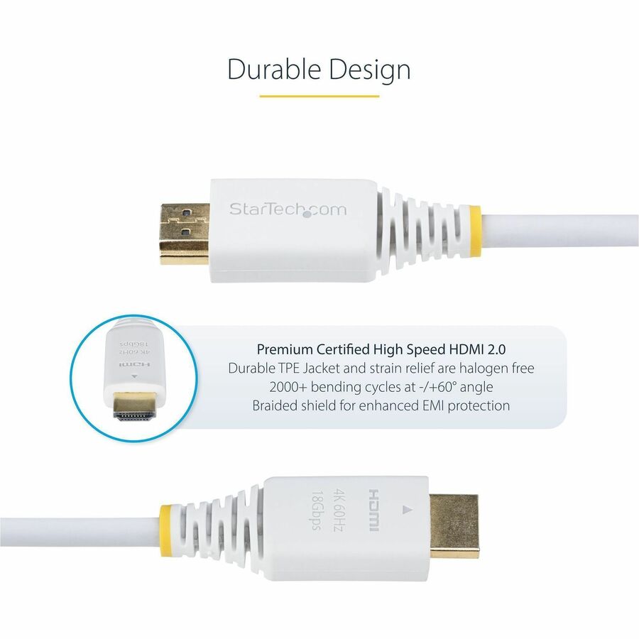 Alternate-Image3 Image for StarTech.com 10ft (3m) Premium Certified High Speed HDMI Cable, 4K 60Hz/1440p 144Hz, 18Gbps, UHD HDMI 2.0 Cord, TPE Jacket, White