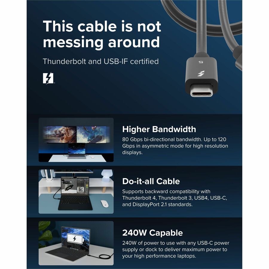 Alternate-Image1 Image for Plugable Thunderbolt 5 Cable with 80Gbps and 240W Charging - Thunderbolt Certified | Up to 120Gbps Bandwidth Boost