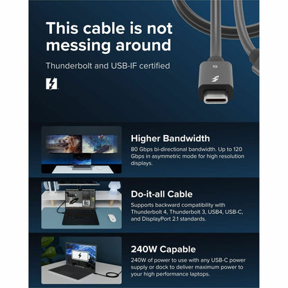 Alternate-Image1 Image for Plugable Thunderbolt 5 Cable with 80Gbps and 240W Charging - Thunderbolt Certified | Up to 120Gbps Bandwidth Boost