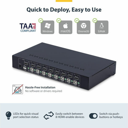 Alternate-Image2 Image for StarTech 8-Port HDMI KVM Switch with 1U Rack Mount Kit, 4K 60Hz HDMI 2.0, Push-Button & Hotkey Switching, TAA Compliant