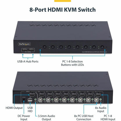 Alternate-Image1 Image for StarTech 8-Port HDMI KVM Switch with 1U Rack Mount Kit, 4K 60Hz HDMI 2.0, Push-Button & Hotkey Switching, TAA Compliant