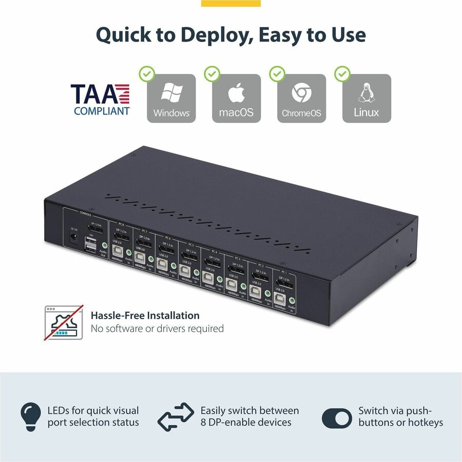 Alternate-Image2 Image for StarTech 8-Port DisplayPort KVM Switch with 1U Rack Mount Kit, 4K 60Hz DP 1.2, Push-Button & Hotkey Switching, TAA Compliant