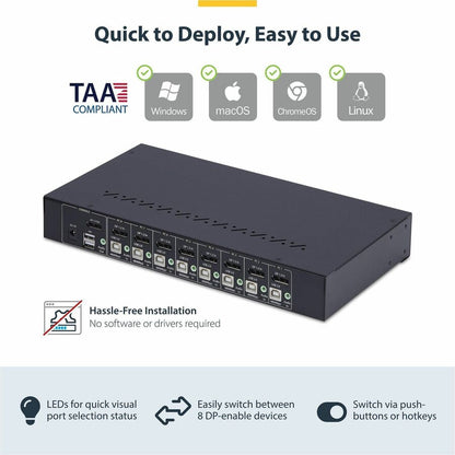 Alternate-Image2 Image for StarTech 8-Port DisplayPort KVM Switch with 1U Rack Mount Kit, 4K 60Hz DP 1.2, Push-Button & Hotkey Switching, TAA Compliant