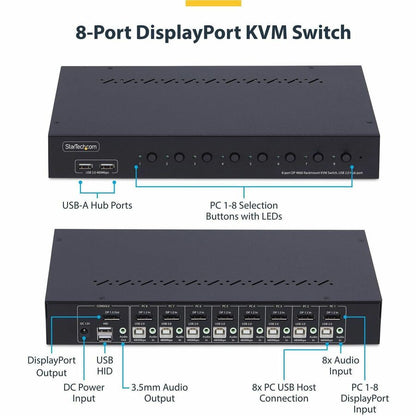 Alternate-Image1 Image for StarTech 8-Port DisplayPort KVM Switch with 1U Rack Mount Kit, 4K 60Hz DP 1.2, Push-Button & Hotkey Switching, TAA Compliant