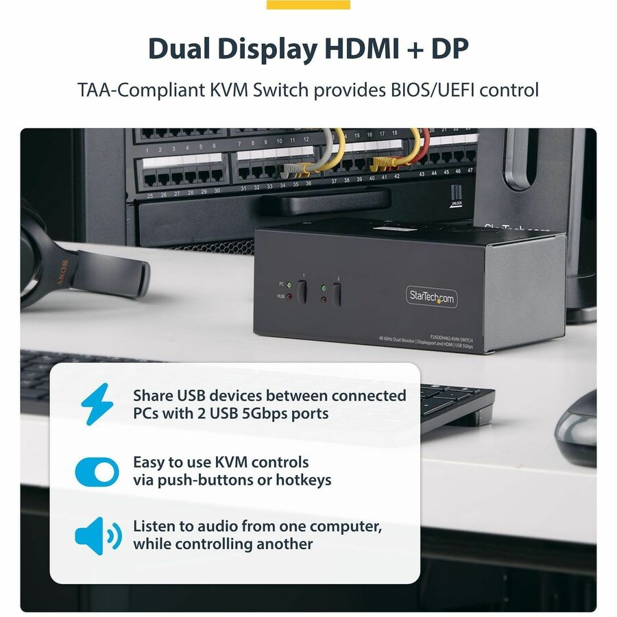 Alternate-Image2 Image for StarTech 2-Port Dual-Monitor DisplayPort and HDMI KVM Switch, 4K 60Hz, 2-Port USB 5Gbps Hub, 2x USB HID Ports, Hotkeys, TAA Compliant