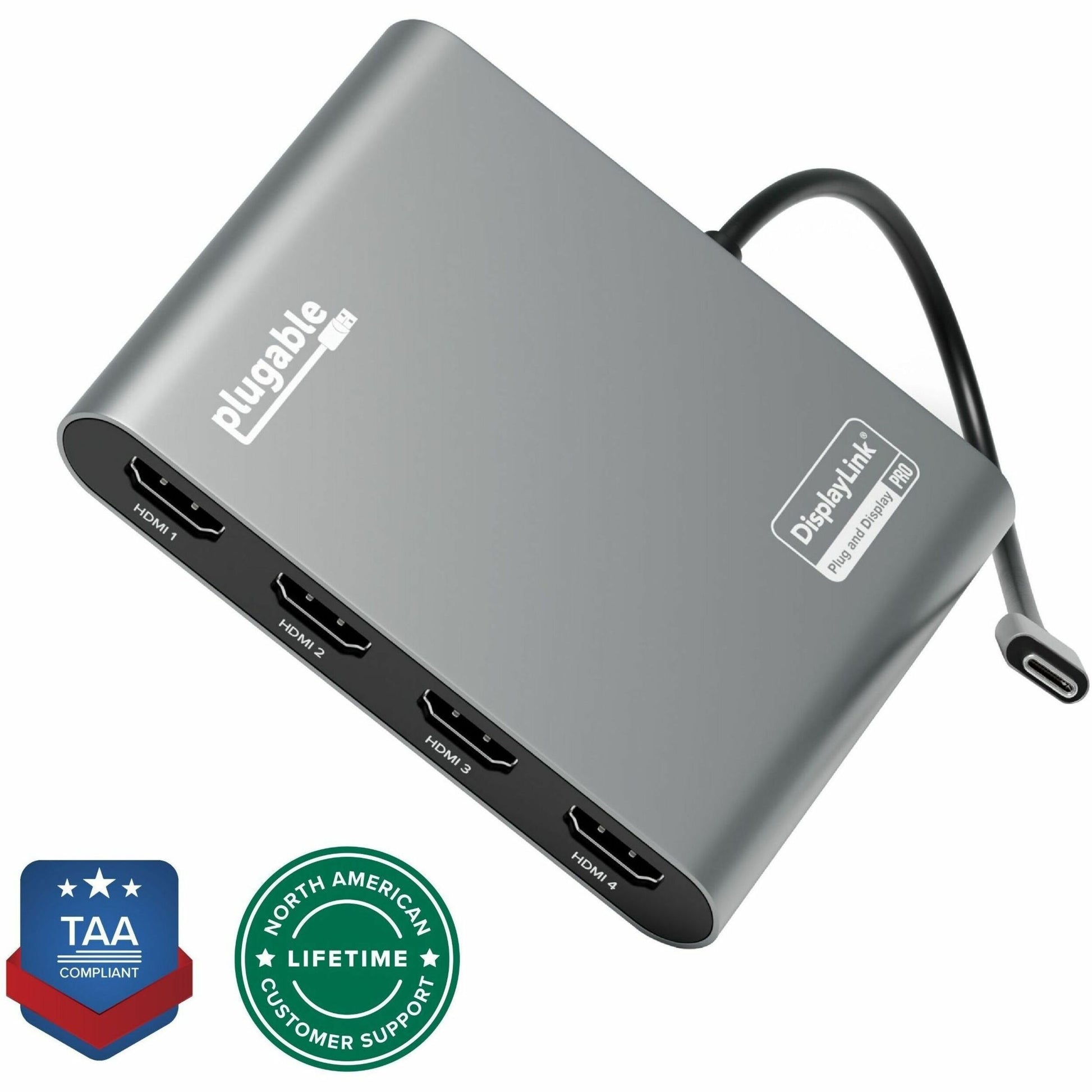 Main Image for Plugable USB C to Quad HDMI 4K Adapter with 100W PD Pass-Though Power Delivery for Windows, Mac M1/M2/M3/M4, Thunderbolt, and USB-C Laptops