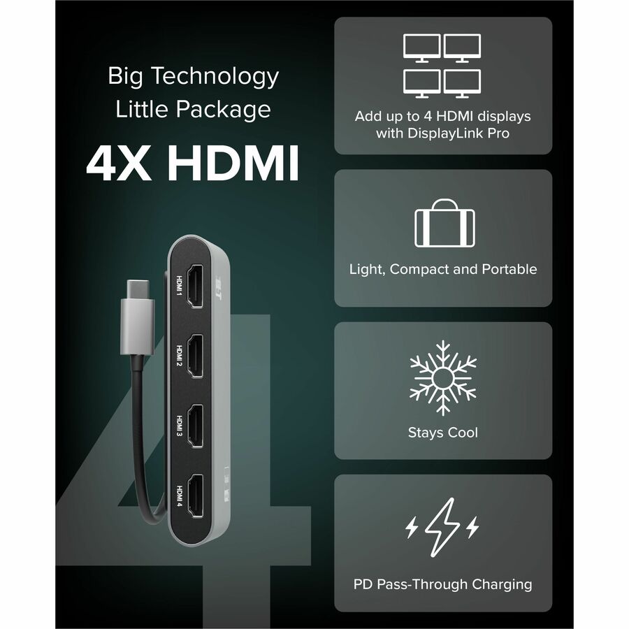 Alternate-Image2 Image for Plugable USB C to Quad HDMI 4K Adapter with 100W PD Pass-Though Power Delivery for Windows, Mac M1/M2/M3/M4, Thunderbolt, and USB-C Laptops