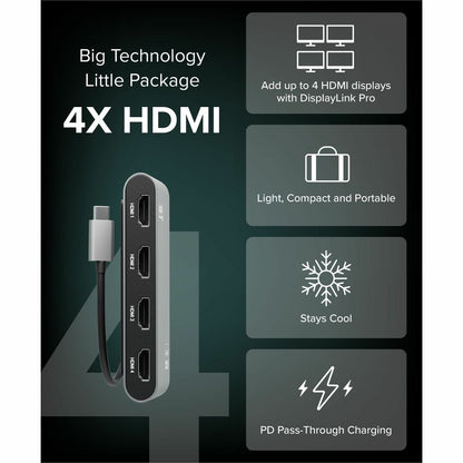 Alternate-Image2 Image for Plugable USB C to Quad HDMI 4K Adapter with 100W PD Pass-Though Power Delivery for Windows, Mac M1/M2/M3/M4, Thunderbolt, and USB-C Laptops