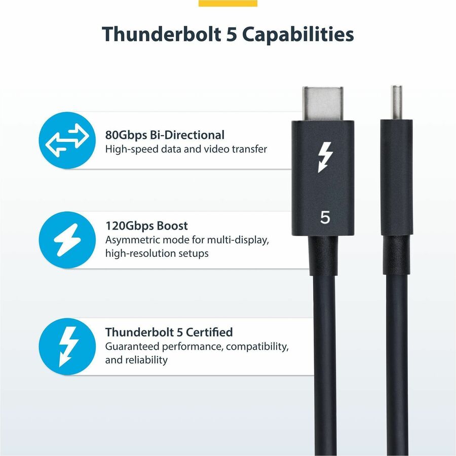 Alternate-Image2 Image for StarTech.com 2.6ft (80cm) Thunderbolt 5 Cable, 80Gbps/120Gbps, 240W PD, 8K 60Hz, Certified Thunderbolt Cable, Compatible w/TB4/USB-C