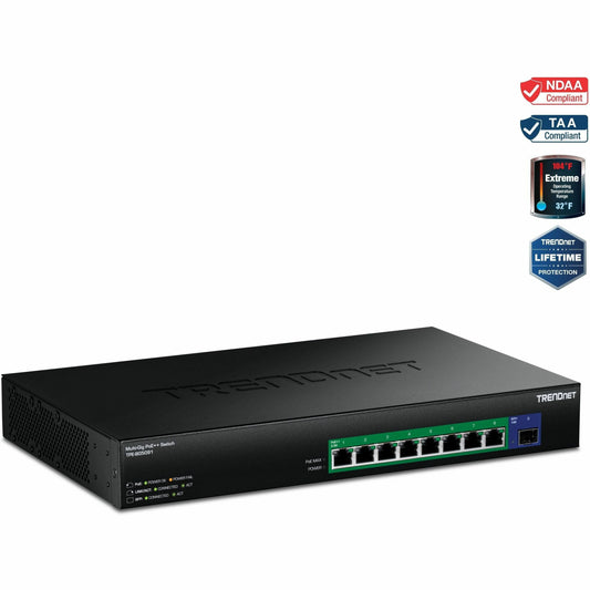 Main Image for TRENDnet 9-Port 2.5G GaN Power PoE++ Switch with 10G SFP+ Port (480W), TPE-BG5091, 8 x 2.5G PoE++ Ports, 1 x 10G SFP+ Port, 480W, 60Gbps, NDAA TAA Compliant for Government use, Lifetime Protection
