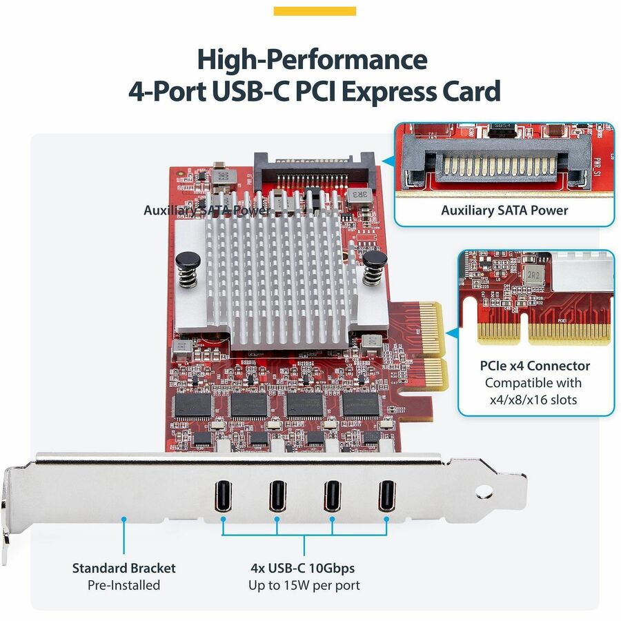 Alternate-Image3 Image for StarTech.com 4-Port USB Type-C PCIe Card, USB 3.2 10Gbps, USB-C PCI Express Expansion Card, 4x Independent USB Controllers, TAA-Compliant