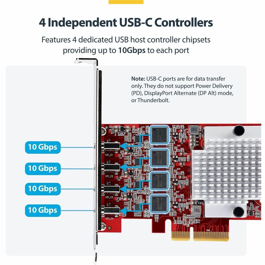 Alternate-Image2 Image for StarTech.com 4-Port USB Type-C PCIe Card, USB 3.2 10Gbps, USB-C PCI Express Expansion Card, 4x Independent USB Controllers, TAA-Compliant