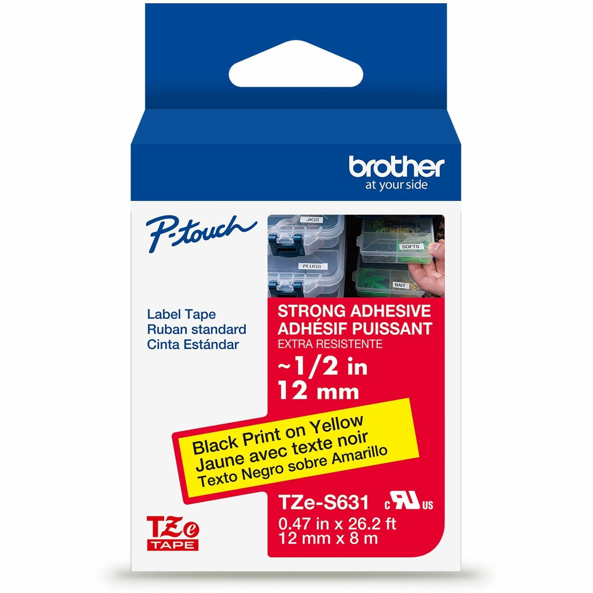 Main Image for Brother Genuine P-touch TZeS631 BK on YL Label Tape, Strong Adhesive Lam., 12mmX8m