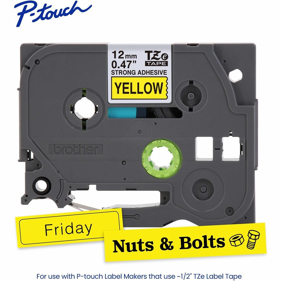Alternate-Image1 Image for Brother Genuine P-touch TZeS631 BK on YL Label Tape, Strong Adhesive Lam., 12mmX8m