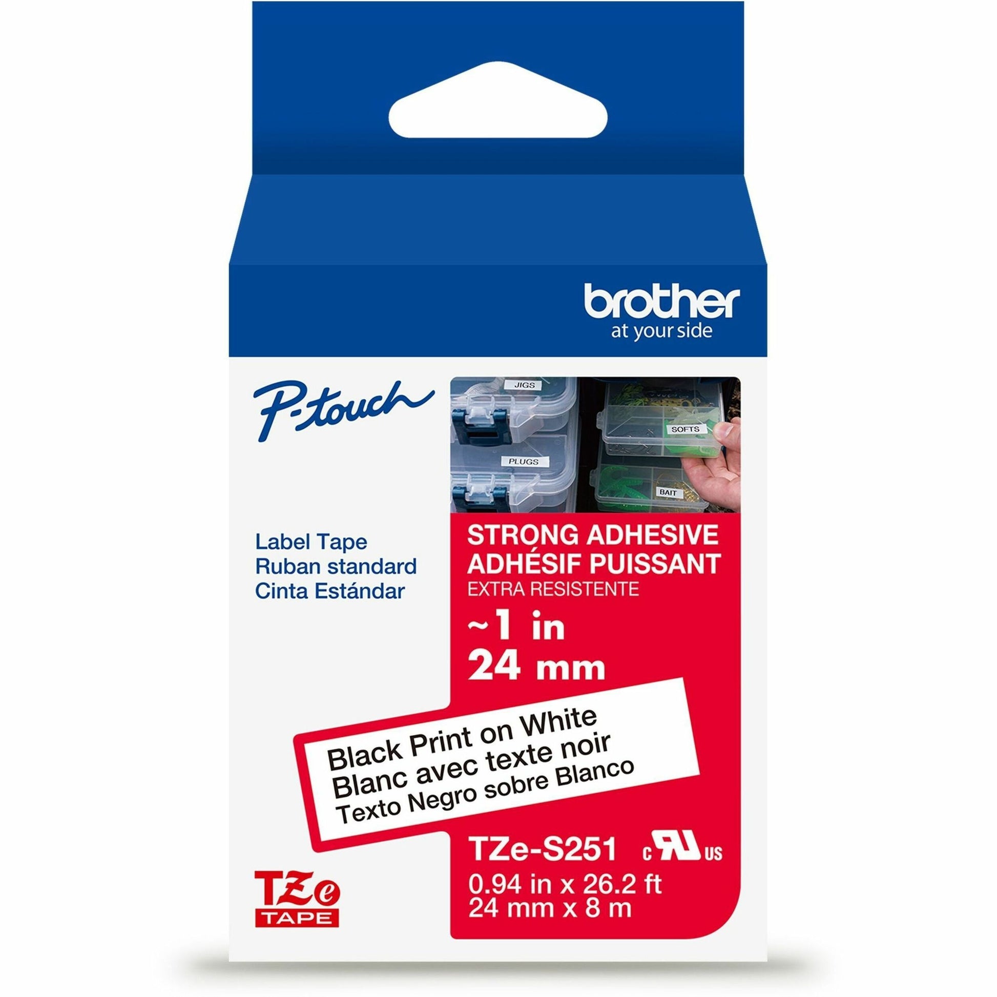 Main Image for Brother Genuine P-touch TZeS251 BK on WHT Label Tape, Strong Adhesive Lam., 24mmX8m