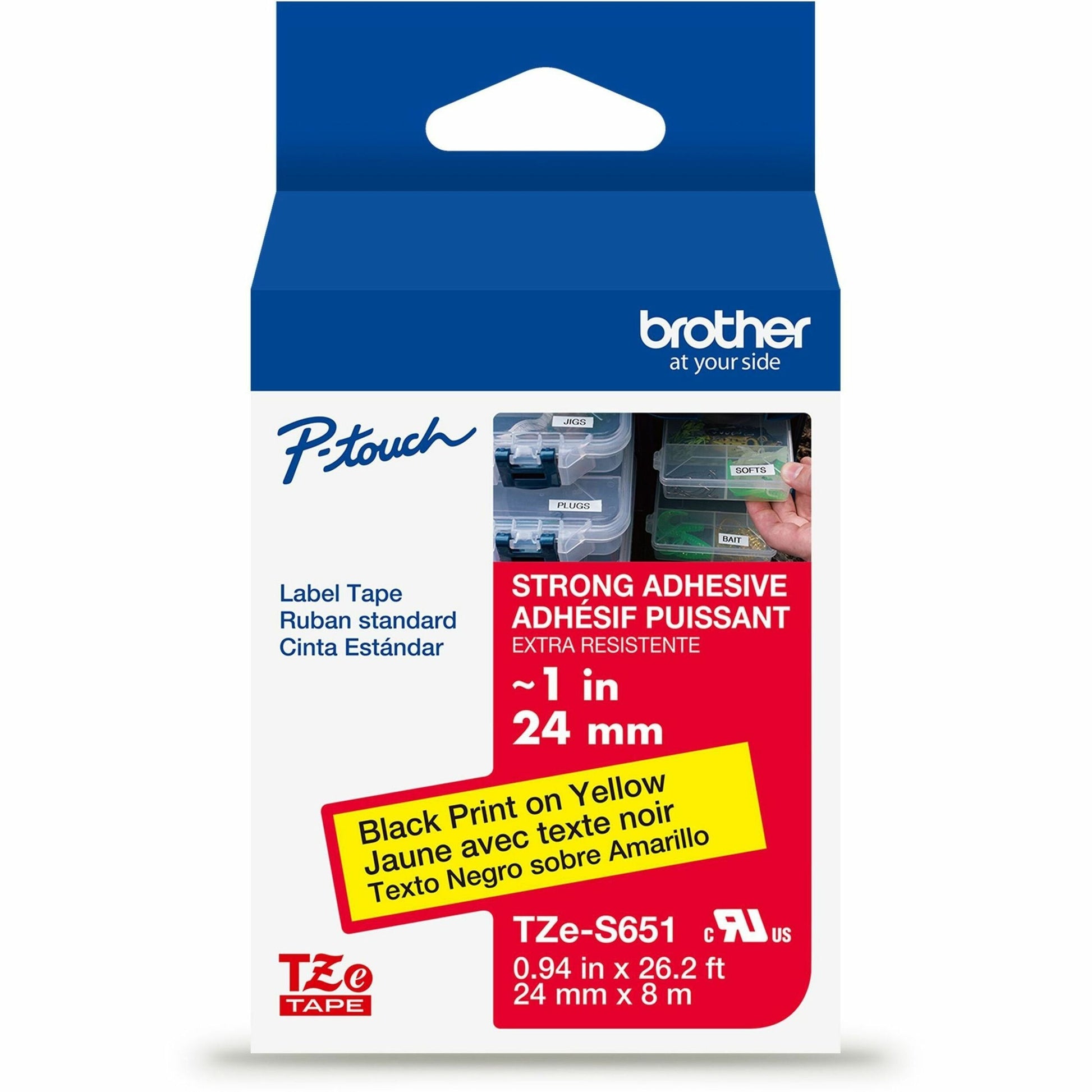 Main Image for Brother Genuine P-touch TZeS651 BK on YL Label Tape, Strong Adhesive Lam., 24mmX8m