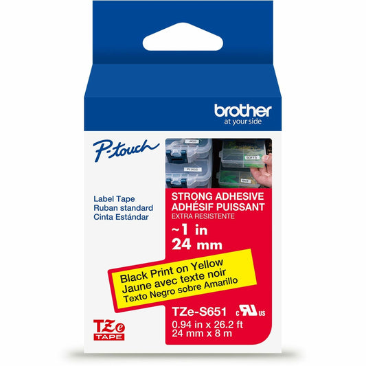 Main Image for Brother Genuine P-touch TZeS651 BK on YL Label Tape, Strong Adhesive Lam., 24mmX8m