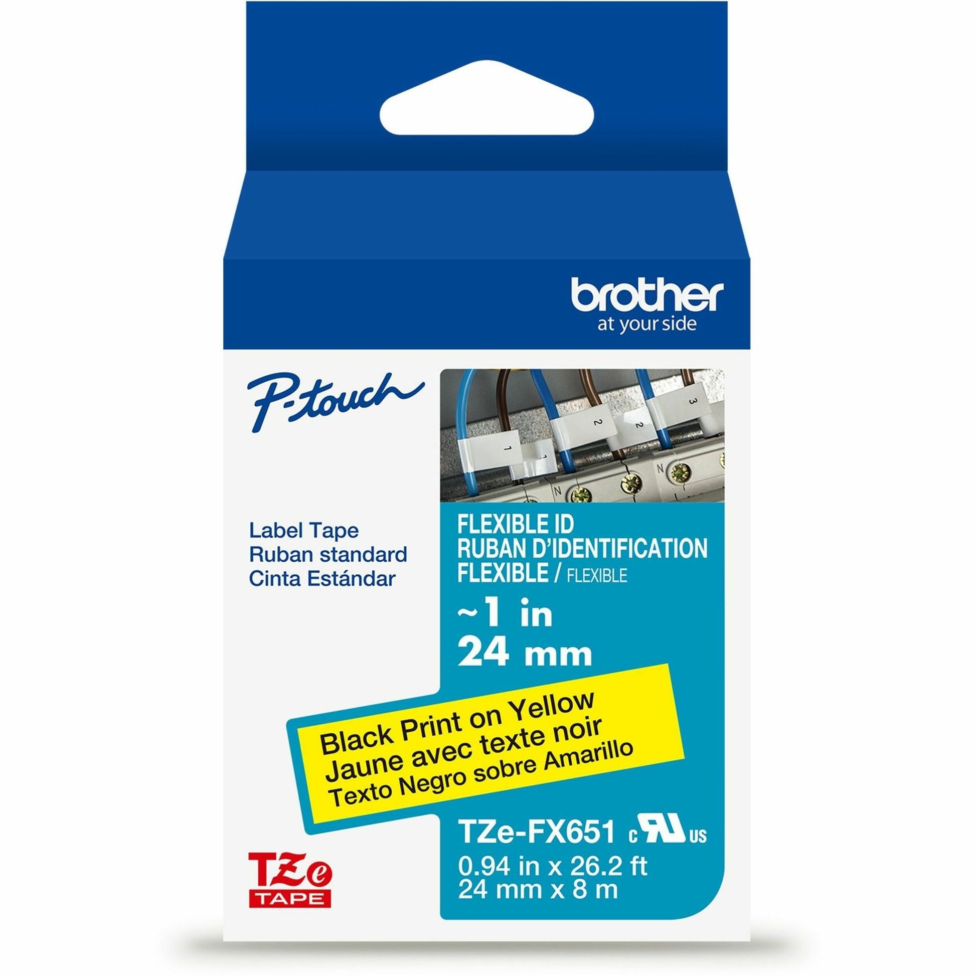 Main Image for Brother Genuine P-touch TZeFX651 BK on YL Label Tape, Flexible ID Laminated, 24mmX8m