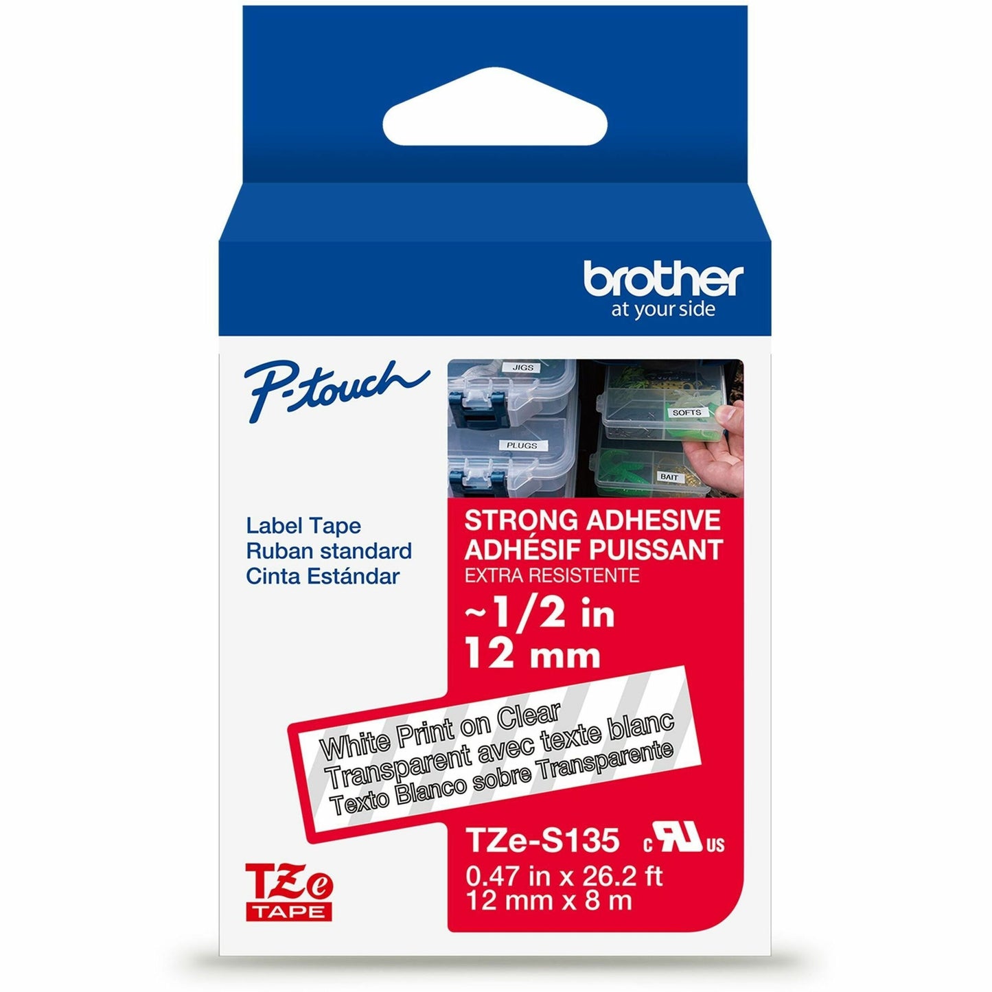 Main Image for Brother Genuine P-touch TZeS135 WHT on CLR Label Tape, Strong Adhesive Lam., 12mmX8m
