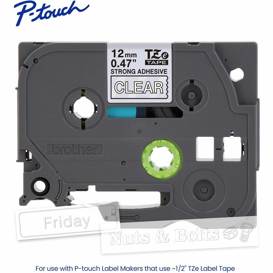 Alternate-Image1 Image for Brother Genuine P-touch TZeS135 WHT on CLR Label Tape, Strong Adhesive Lam., 12mmX8m
