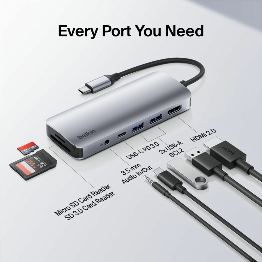Alternate-Image2 Image for Belkin 7-Port USB-C Hub - USB-C to 2xUSB-A, 1xUSB-C, 1x4K HDMI, 1xSD Reader, 1xMicroSD Reader, 1x3.5mm Audio - Grey