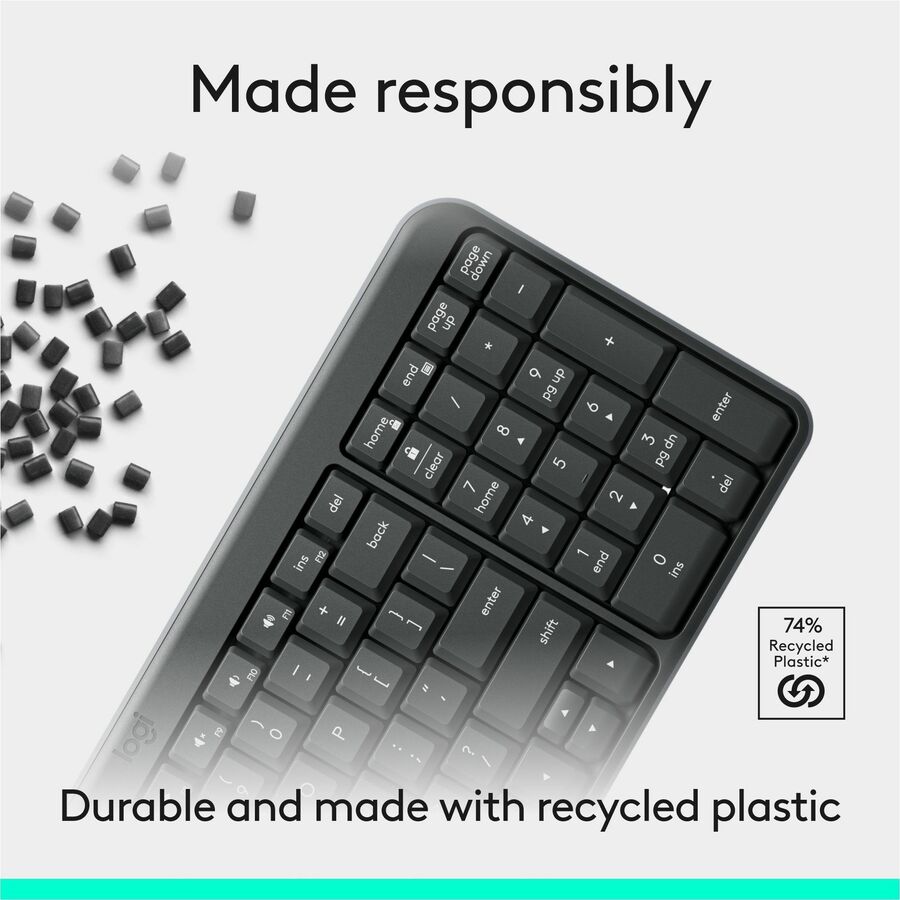 Alternate-Image5 Image for Logitech K250 Bluetooth Keyboard with Numpad, Easy Connectivity, Compact Wireless Keyboard made with Recycled Plastic, Spill-Resistant, comfortable Keys (Graphite)