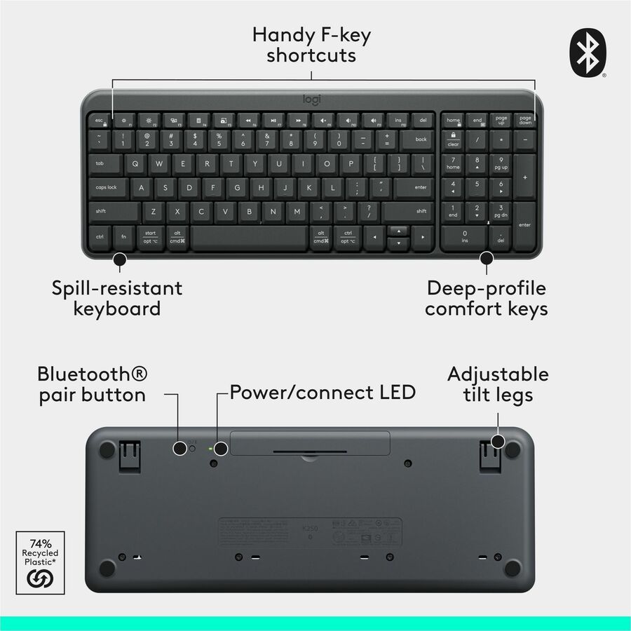 Alternate-Image6 Image for Logitech K250 Bluetooth Keyboard with Numpad, Easy Connectivity, Compact Wireless Keyboard made with Recycled Plastic, Spill-Resistant, comfortable Keys (Graphite)