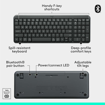 Alternate-Image6 Image for Logitech K250 Bluetooth Keyboard with Numpad, Easy Connectivity, Compact Wireless Keyboard made with Recycled Plastic, Spill-Resistant, comfortable Keys (Graphite)