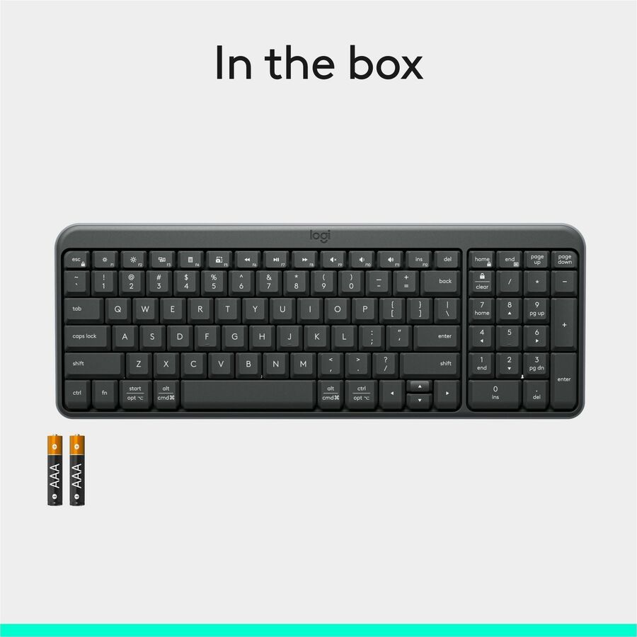 Alternate-Image7 Image for Logitech K250 Bluetooth Keyboard with Numpad, Easy Connectivity, Compact Wireless Keyboard made with Recycled Plastic, Spill-Resistant, comfortable Keys (Graphite)