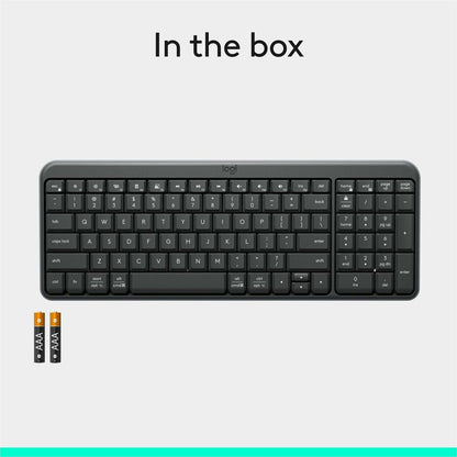 Alternate-Image7 Image for Logitech K250 Bluetooth Keyboard with Numpad, Easy Connectivity, Compact Wireless Keyboard made with Recycled Plastic, Spill-Resistant, comfortable Keys (Graphite)