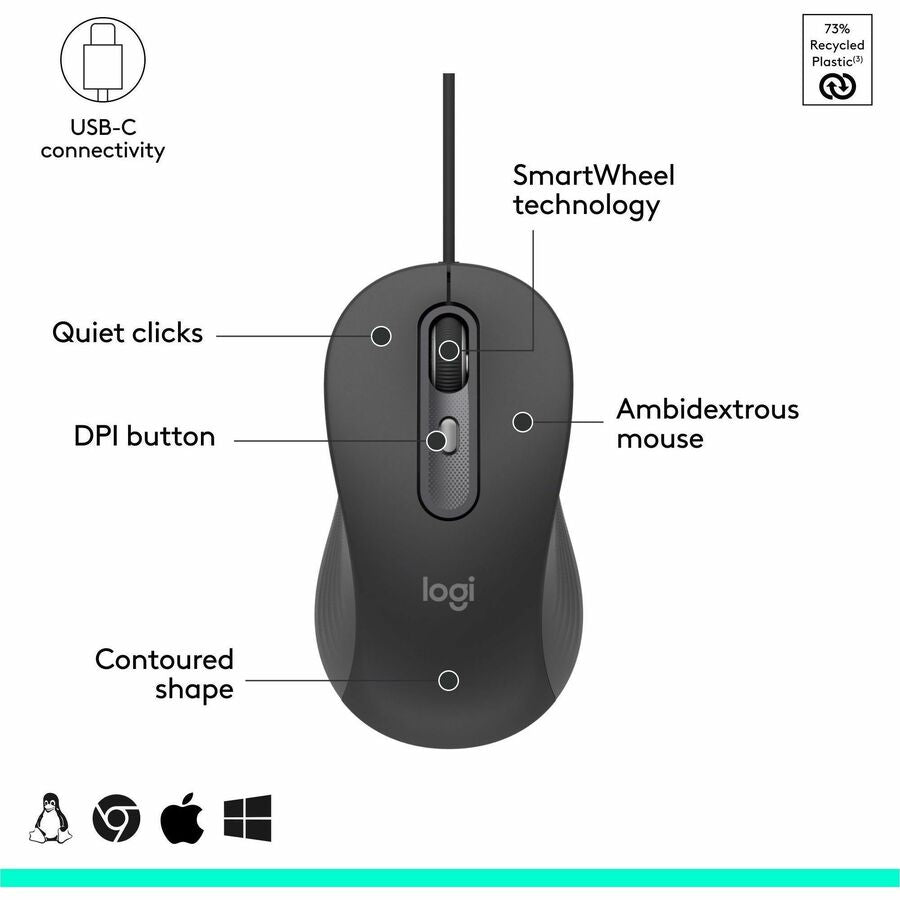 Alternate-Image5 Image for Logitech Signature Wired M520 Large for Business, Optical Wired Mouse, USB-C Plug-and-Play, Graphite