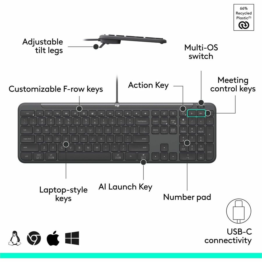 Alternate-Image5 Image for Logitech Signature Slim Wired K620 for Business, Full-Size Keyboard, USB-C Plug-and-Play, scissor keys, Graphite