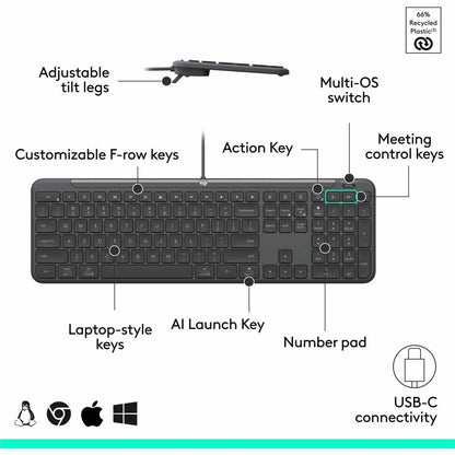 Alternate-Image5 Image for Logitech Signature Slim Wired K620 for Business, Full-Size Keyboard, USB-C Plug-and-Play, scissor keys, Graphite