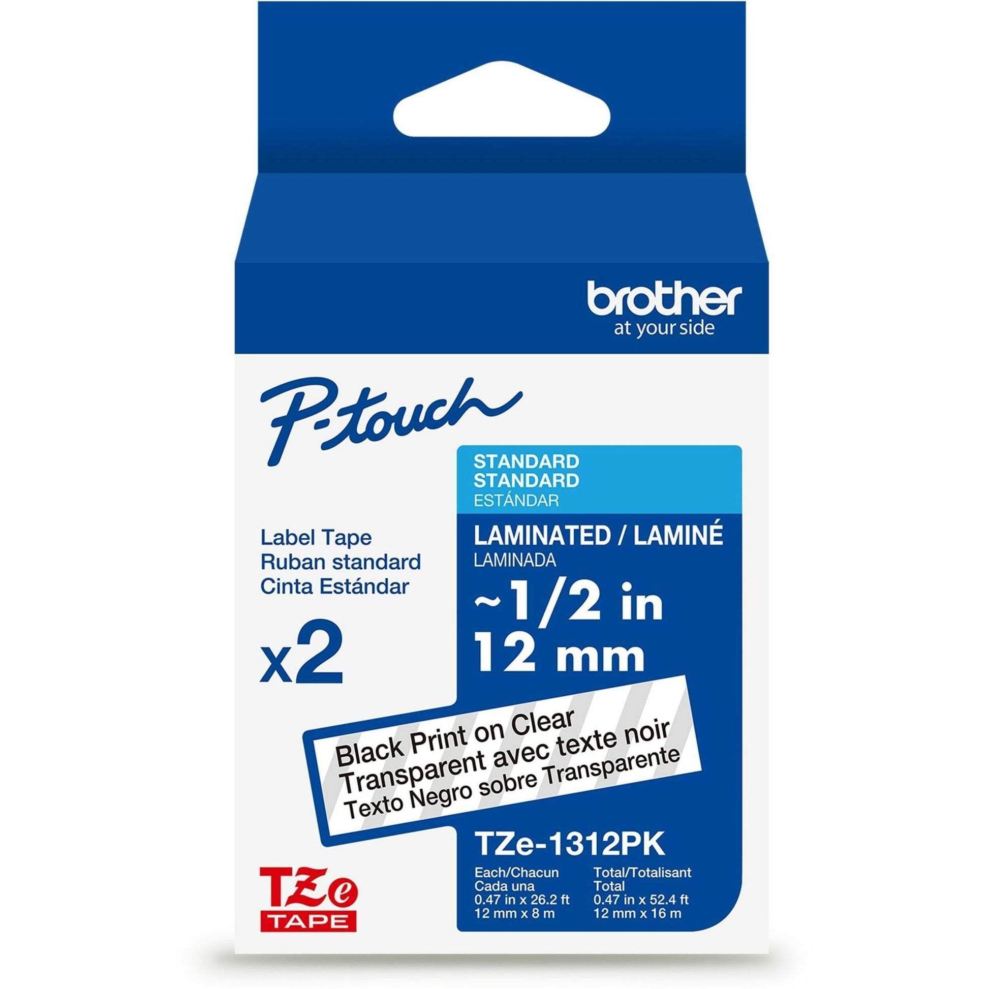 Main Image for Brother Genuine P-touch TZe1312PK BK on CLR Label Tapes, Laminated, 12mmX8m each