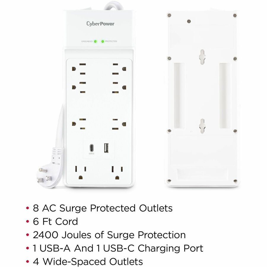 Alternate-Image2 Image for CyberPower P806UC15 Home and Office 8 - Outlet Surge Protector with 2400 J Surge Suppression