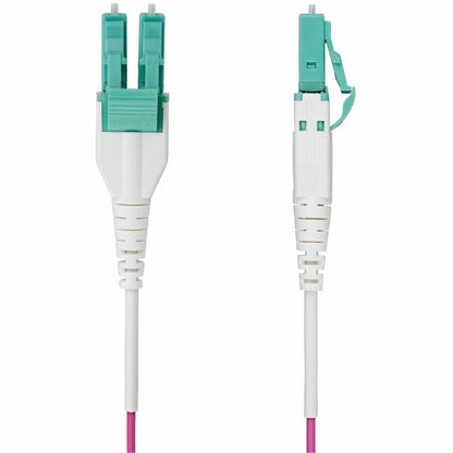 Alternate-Image1 Image for StarTech.com 2m (6.6ft) LC to LC (UPC) OM4 Multimode Fiber Optic Cable, Erika Violet, 50/125, 100G, Uniboot Fiber Jumper Cord, OFNR Riser