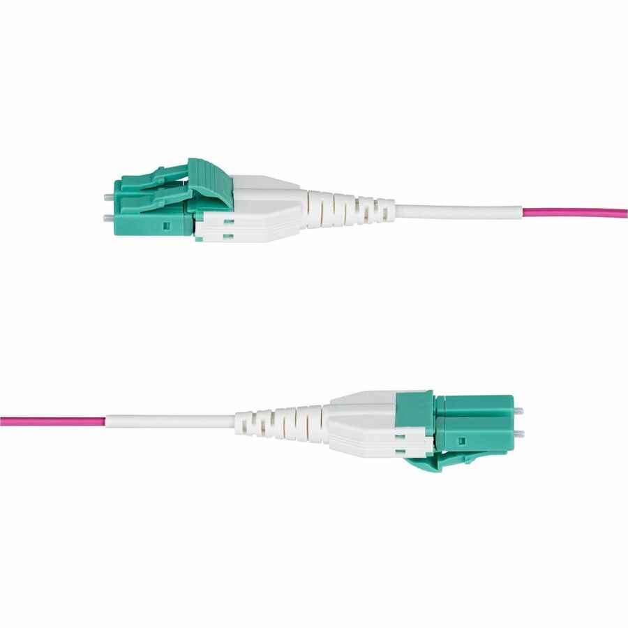 Alternate-Image2 Image for StarTech.com 2m (6.6ft) LC to LC (UPC) OM4 Multimode Fiber Optic Cable, Erika Violet, 50/125, 100G, Uniboot Fiber Jumper Cord, OFNR Riser