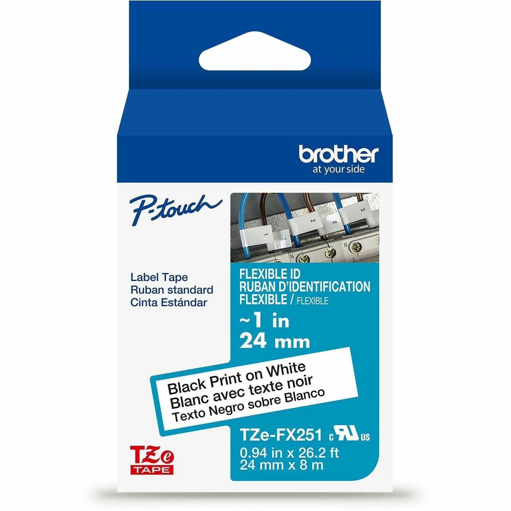 Main Image for Brother Genuine P-touch TZeFX251 BK on WHT Label Tape, Flexible ID Laminated, 24mmX8m