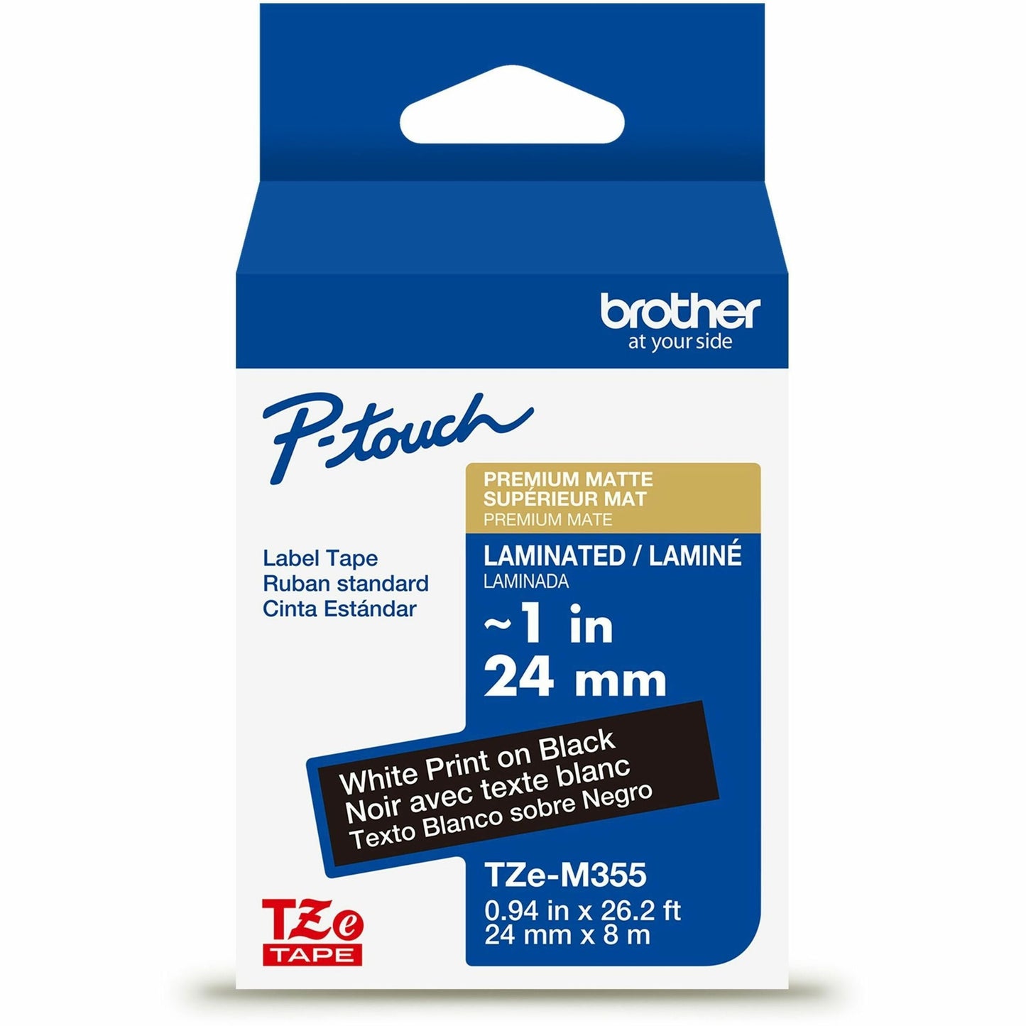 Main Image for Brother Genuine P-touch TZeM355 WHT on BK Label Tape, Premium Matte Laminated, 24mmX8m