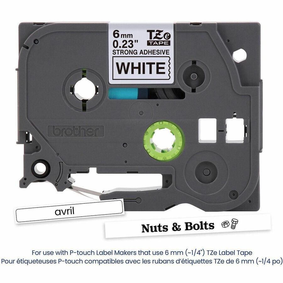 Alternate-Image1 Image for Brother Genuine P-touch TZeS211 BK on WHT Label Tape, Strong Adhesive Lam., 6mmX8m