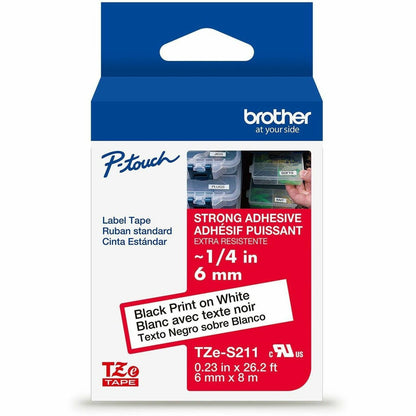 Main Image for Brother Genuine P-touch TZeS211 BK on WHT Label Tape, Strong Adhesive Lam., 6mmX8m