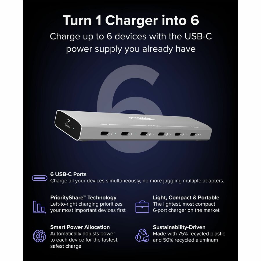 Alternate-Image1 Image for Plugable 6 Port USB C Charging Station, Up to 100W Charger for Multiple Devices with Priority Charging