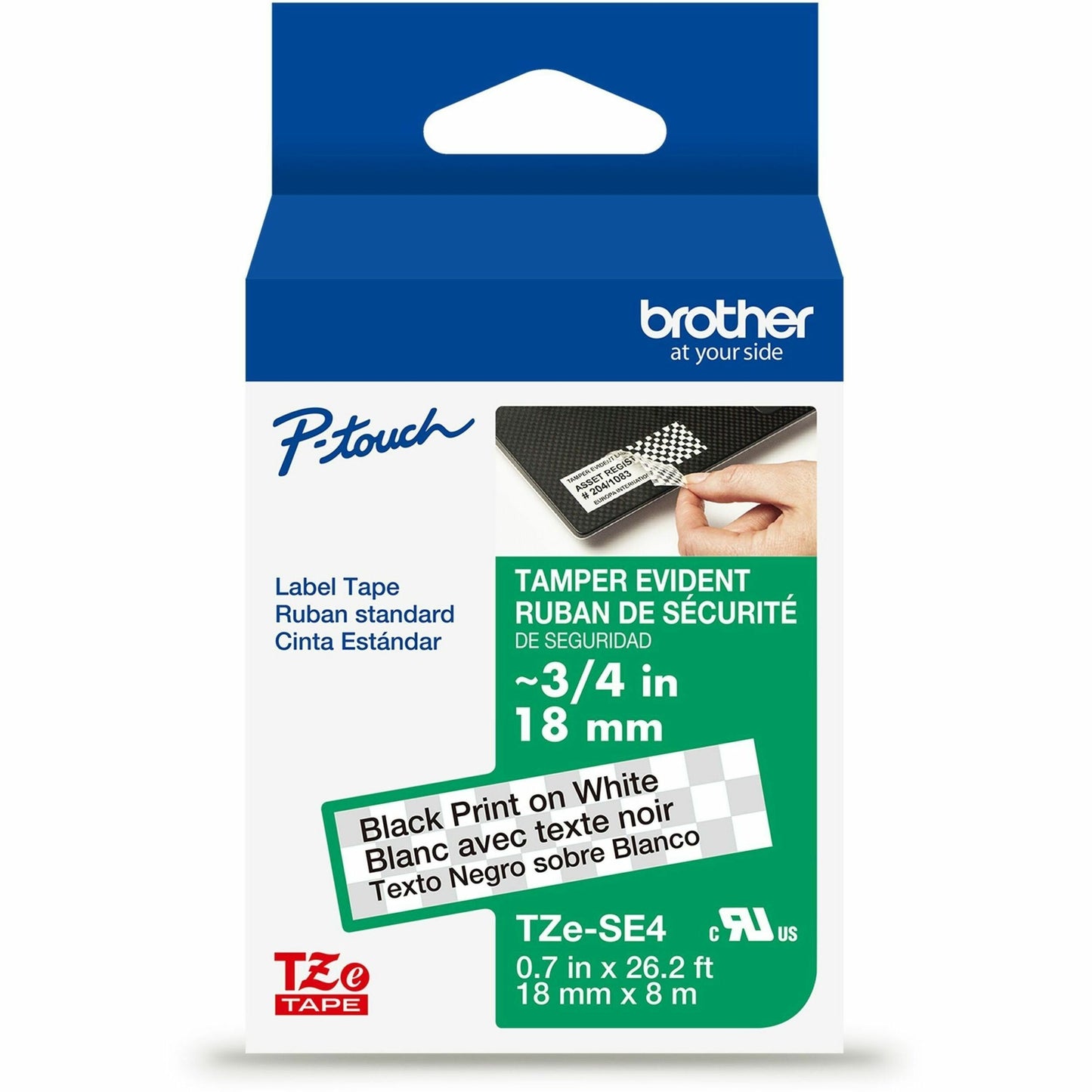 Main Image for Brother Genuine P-touch TZeSE4 BK on WHT Tamper-Evident Label Tape, Laminated, 18mmX8m