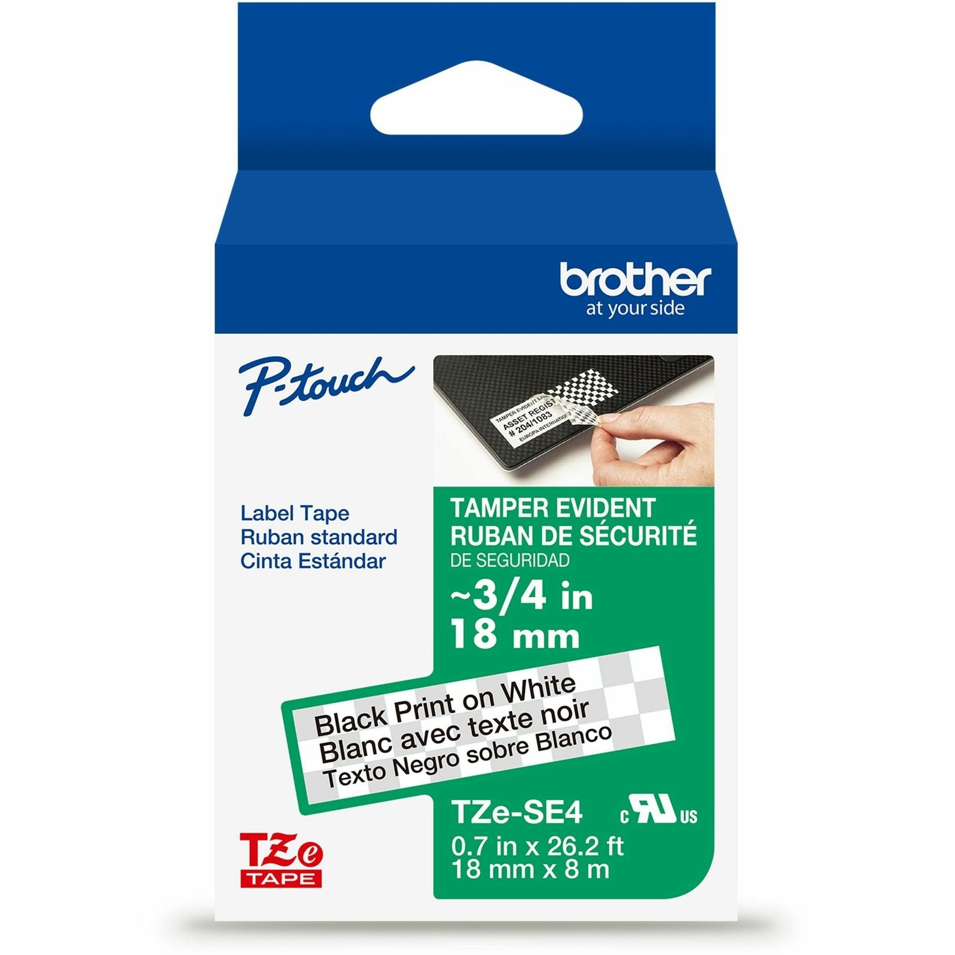 Main Image for Brother Genuine P-touch TZeSE4 BK on WHT Tamper-Evident Label Tape, Laminated, 18mmX8m
