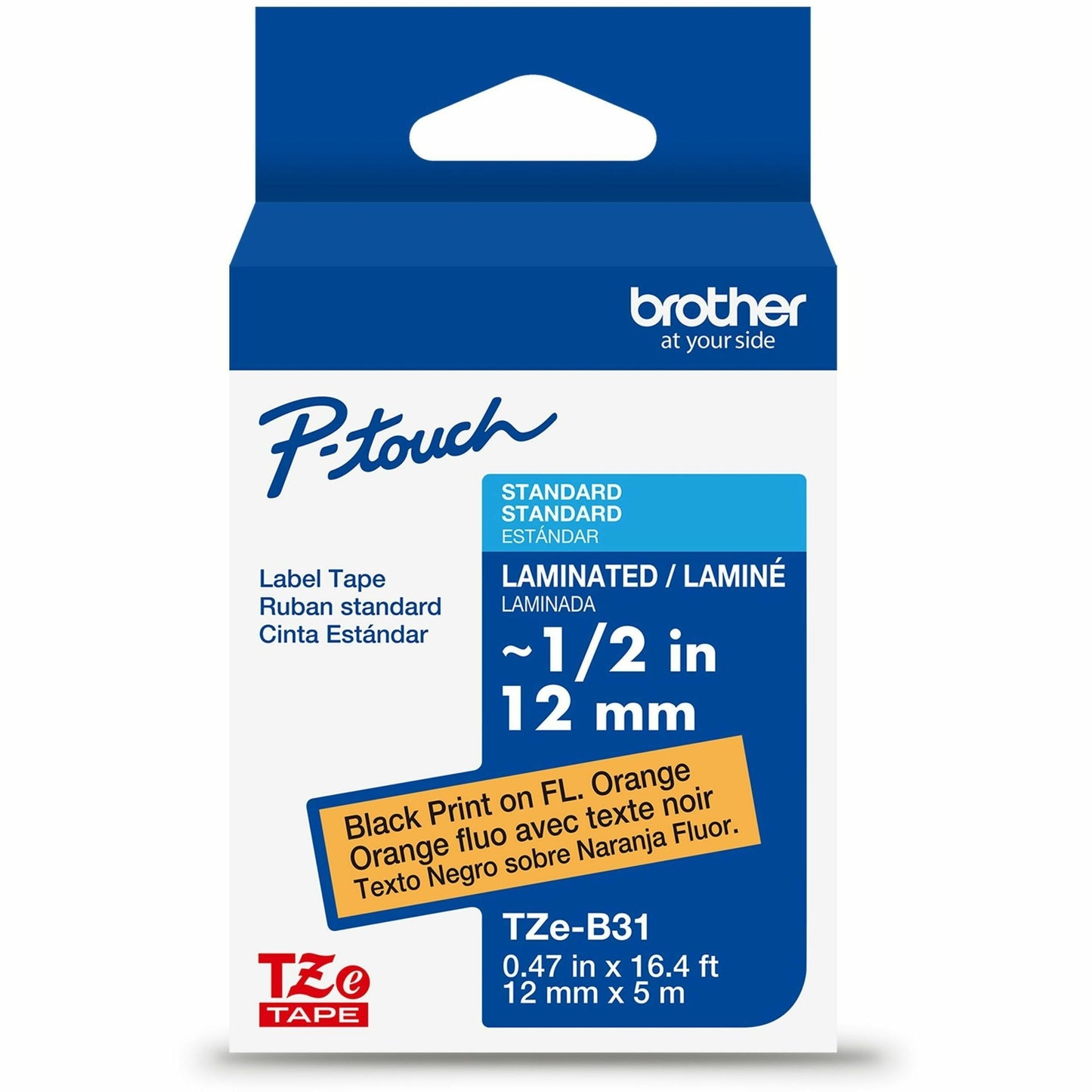 Main Image for Brother Genuine P-touch TZeB31 BK on FLUOR ORG Label Tape, Laminated, 12mmX5m