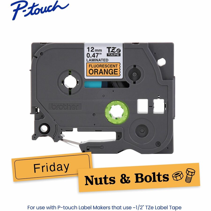 Alternate-Image1 Image for Brother Genuine P-touch TZeB31 BK on FLUOR ORG Label Tape, Laminated, 12mmX5m