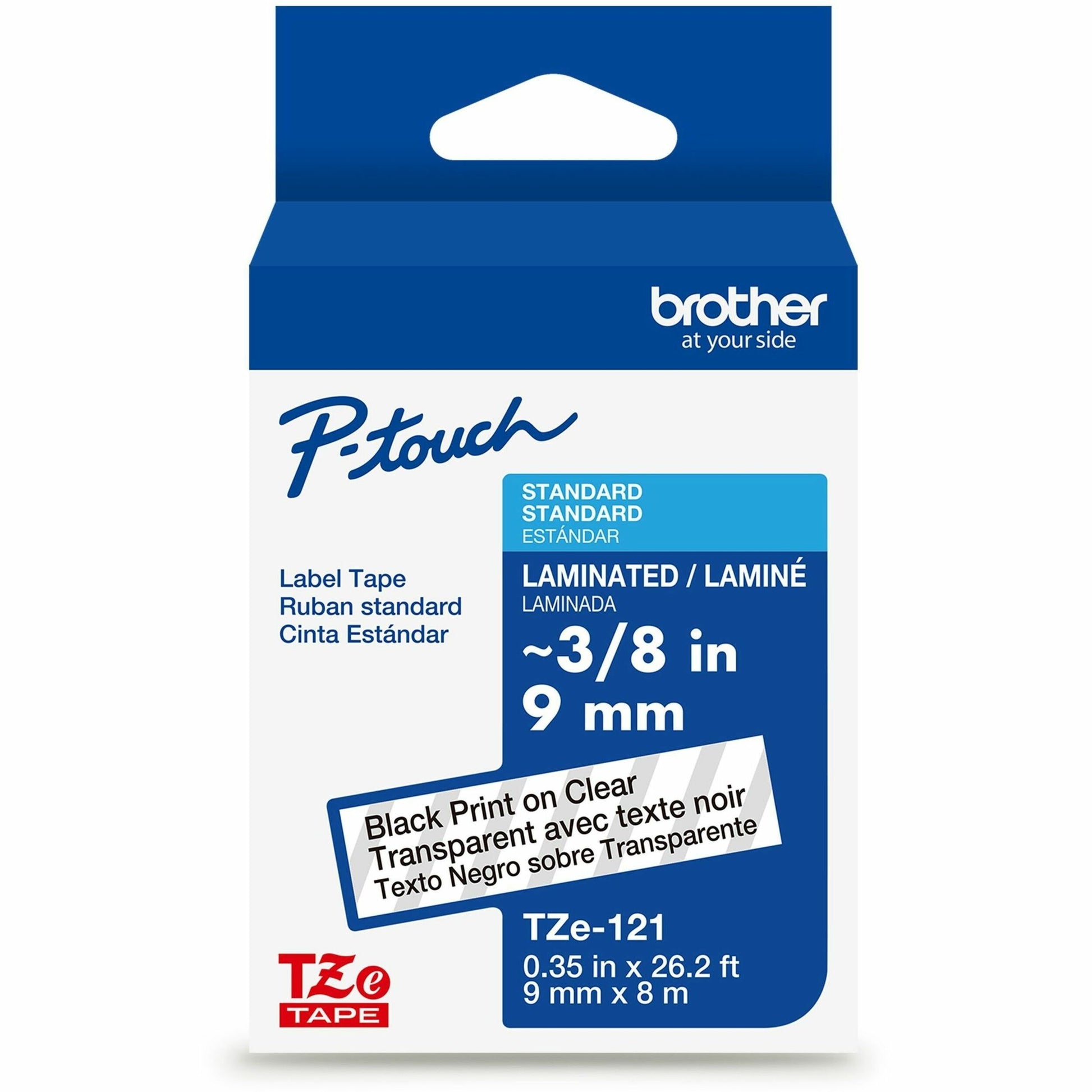 Main Image for Brother Genuine P-touch TZe121 BK on CLR Label Tape, Laminated, 9mmX8m
