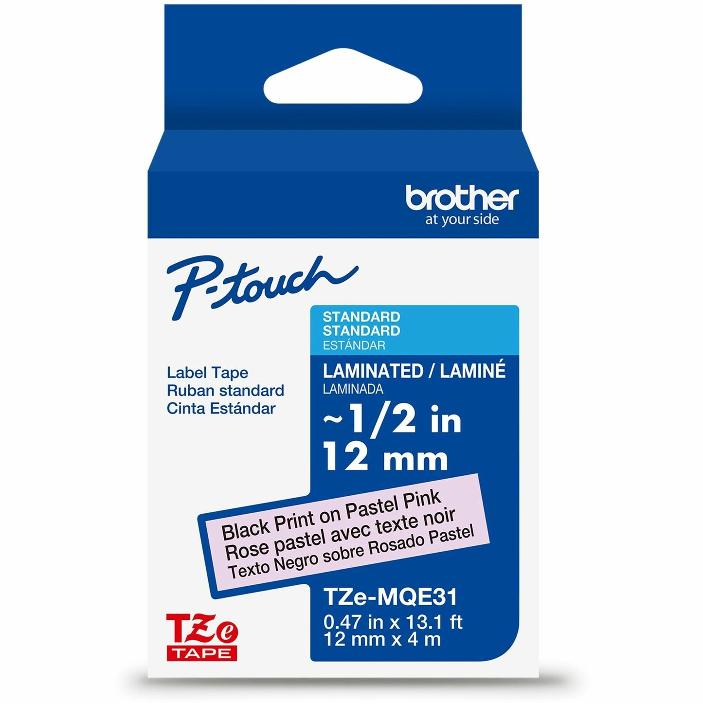 Main Image for Brother Genuine P-touch TZeMQE31 BK on PASTEL PNK Label Tape, Laminated, 12mmX4m